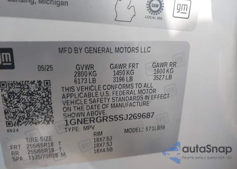 2025 Chevrolet Traverse Fwd Lt from USA, damaged, VIN 1GNERGRS5SJ269687